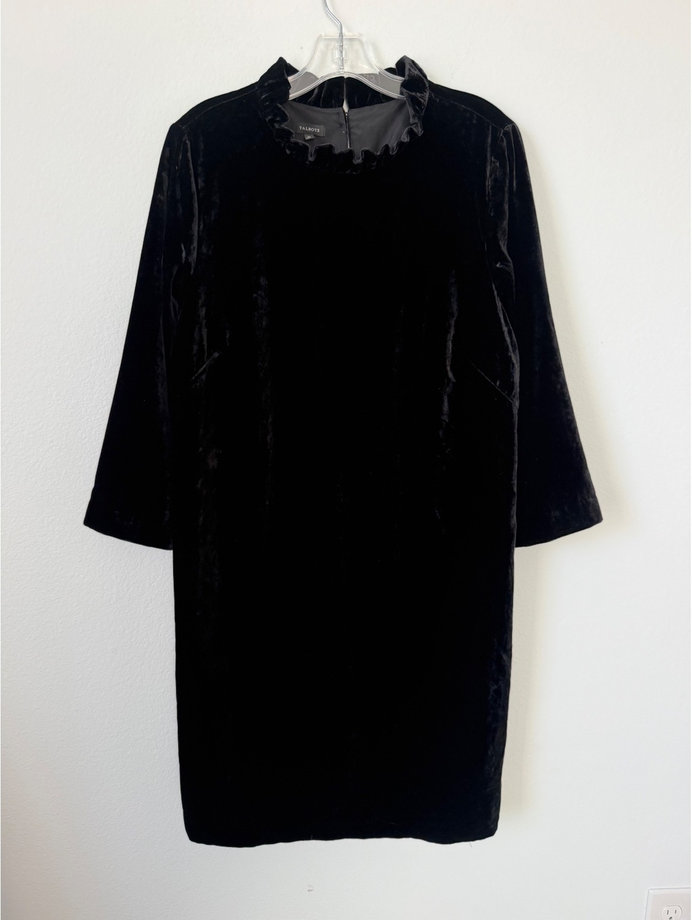 Talbots 3/4Sleeve Keyhole Ruffled Neck Black Velour Sheath Dress Women's Size 12